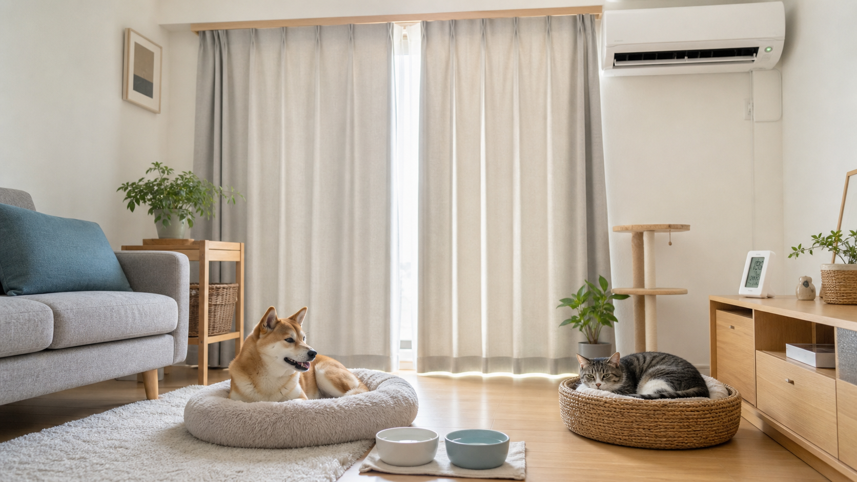カーテンとエアコンのある室内で犬猫が別々の寝床と複数の水を使える暑い日の留守番環境