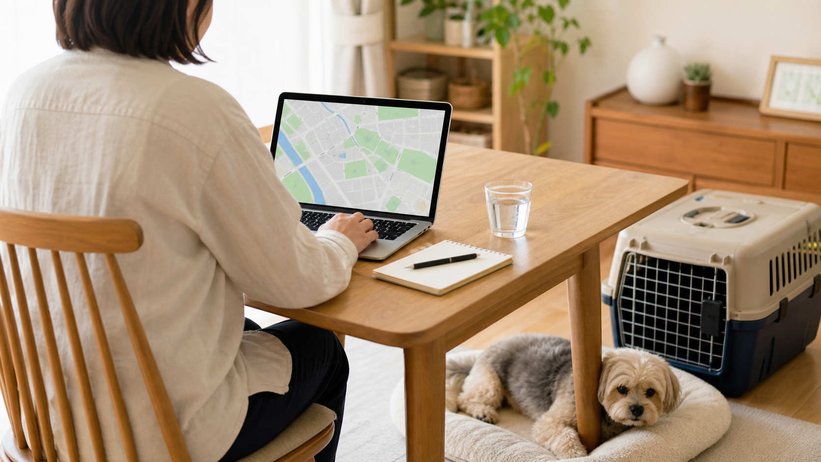 自宅で地図を見ながらペットの避難先を確認し、そばにキャリーと犬がいる様子