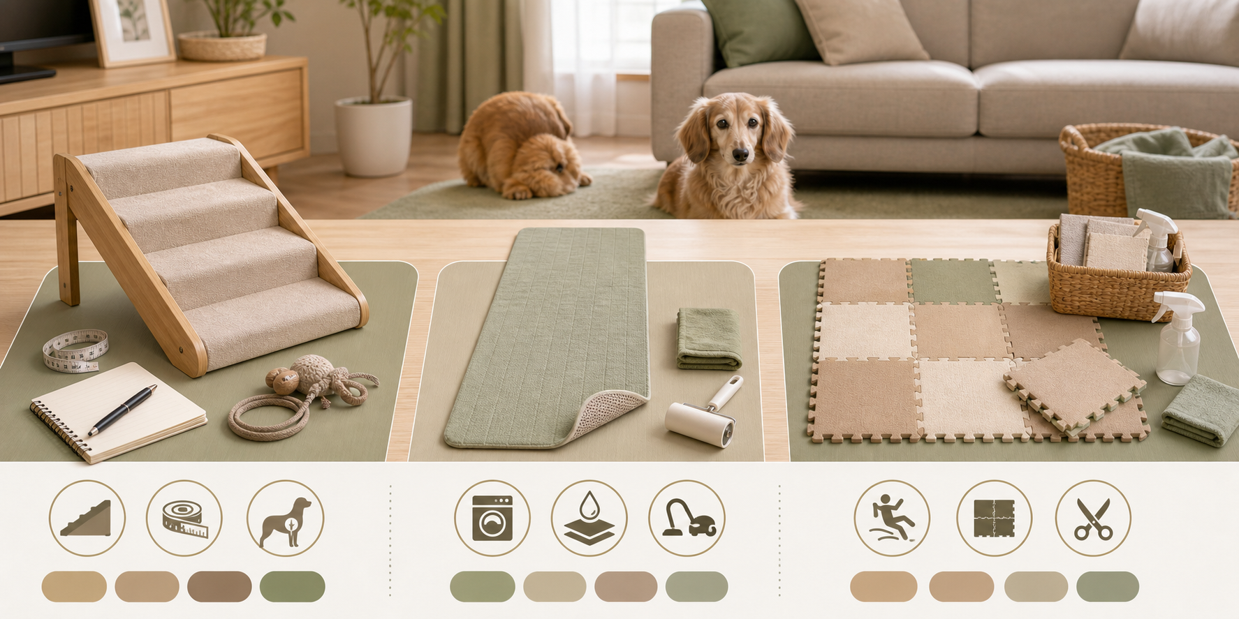 犬用ステップと滑り止めマットの大きさや掃除のしやすさを比べるイメージ図