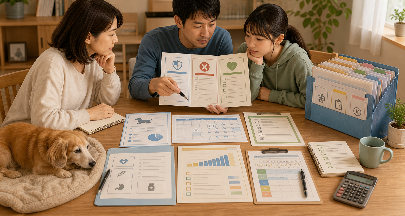 保険契約前に、更新条件と請求フローを家族で確認するイメージ図