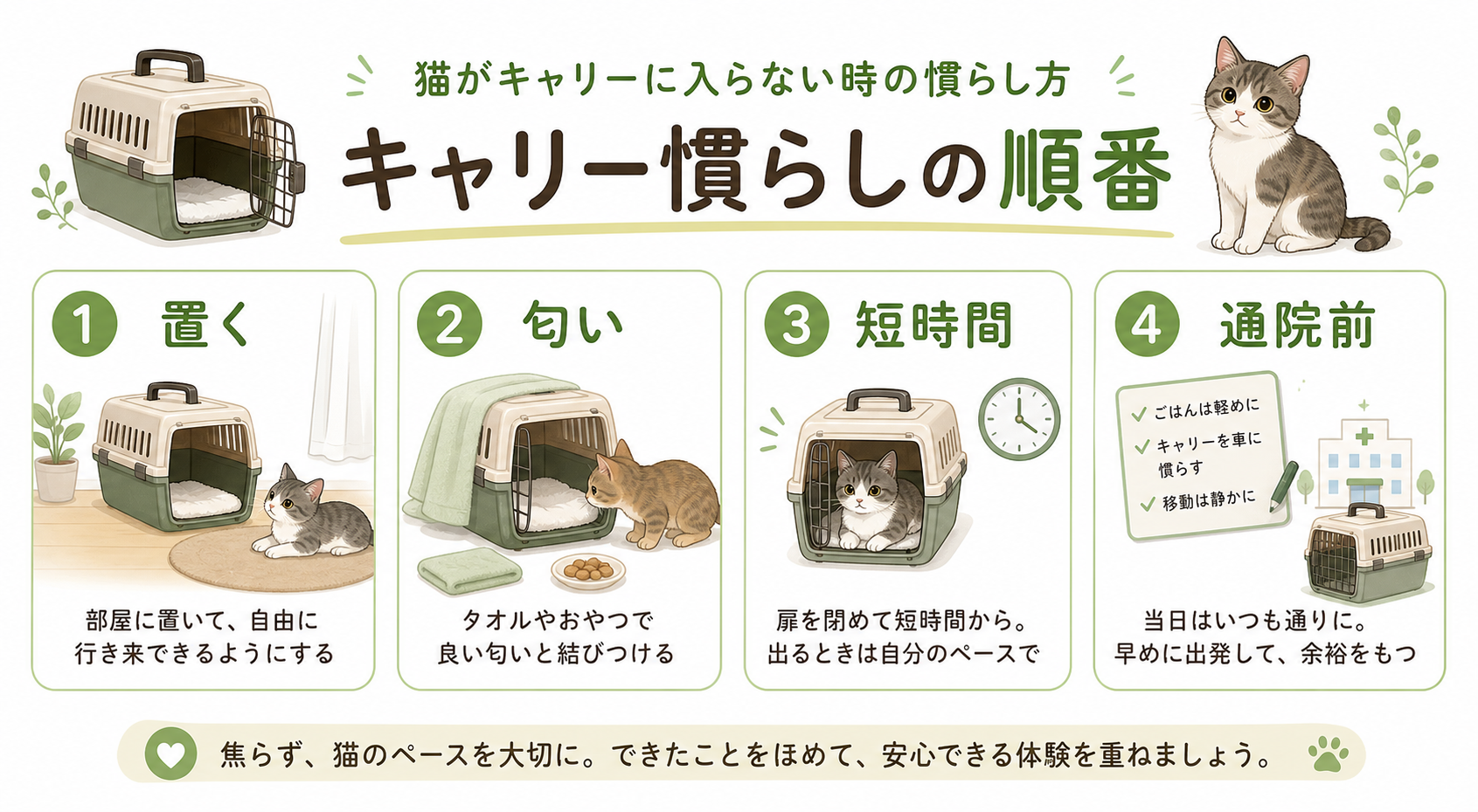 猫キャリーの慣らし方を判断するための図解