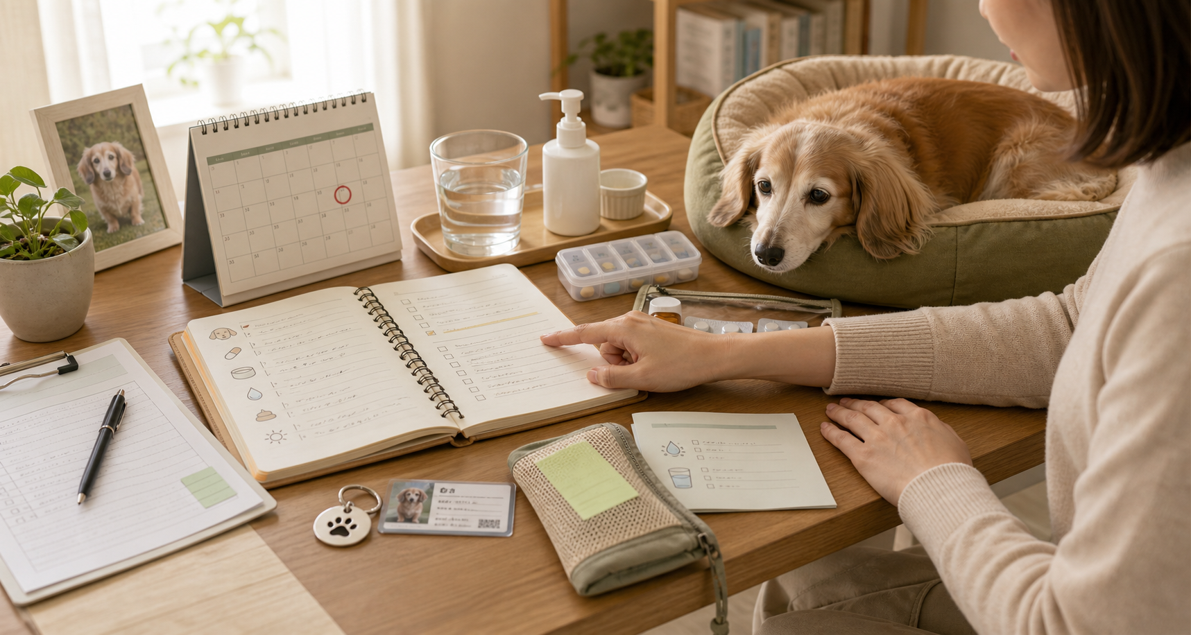 シニア犬の受診前メモと生活記録を一枚にまとめるイメージ図